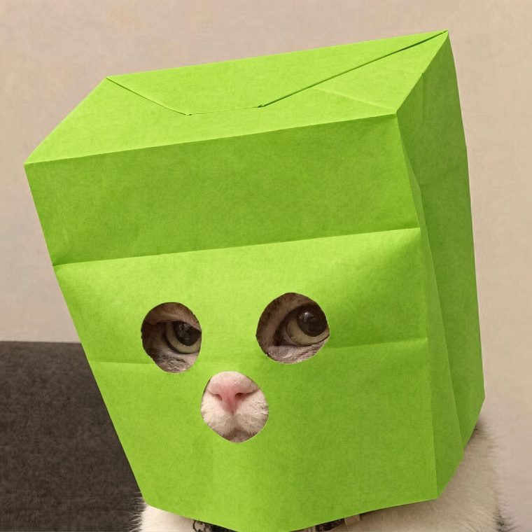The ZWORK CAT wearing a lime green paper bag with two eye holes and a nose hole